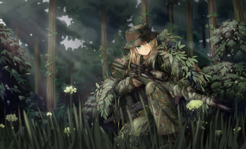 1girl, ai_arctic_warfare, blonde_hair, bolt_action, boonie_hat, bush, flower, forest