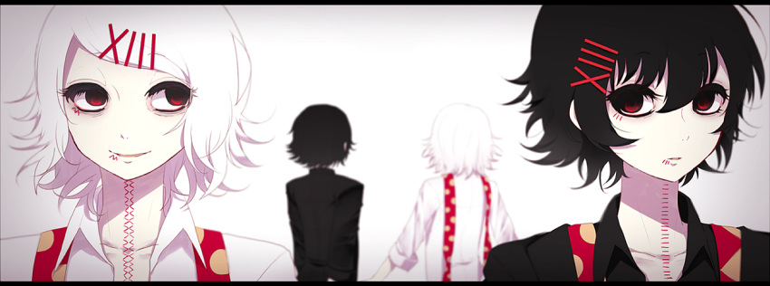 1boy, black_hair, dual_persona, hair_ornament, hairclip, hakumugi, loose_necktie, loose_shirt