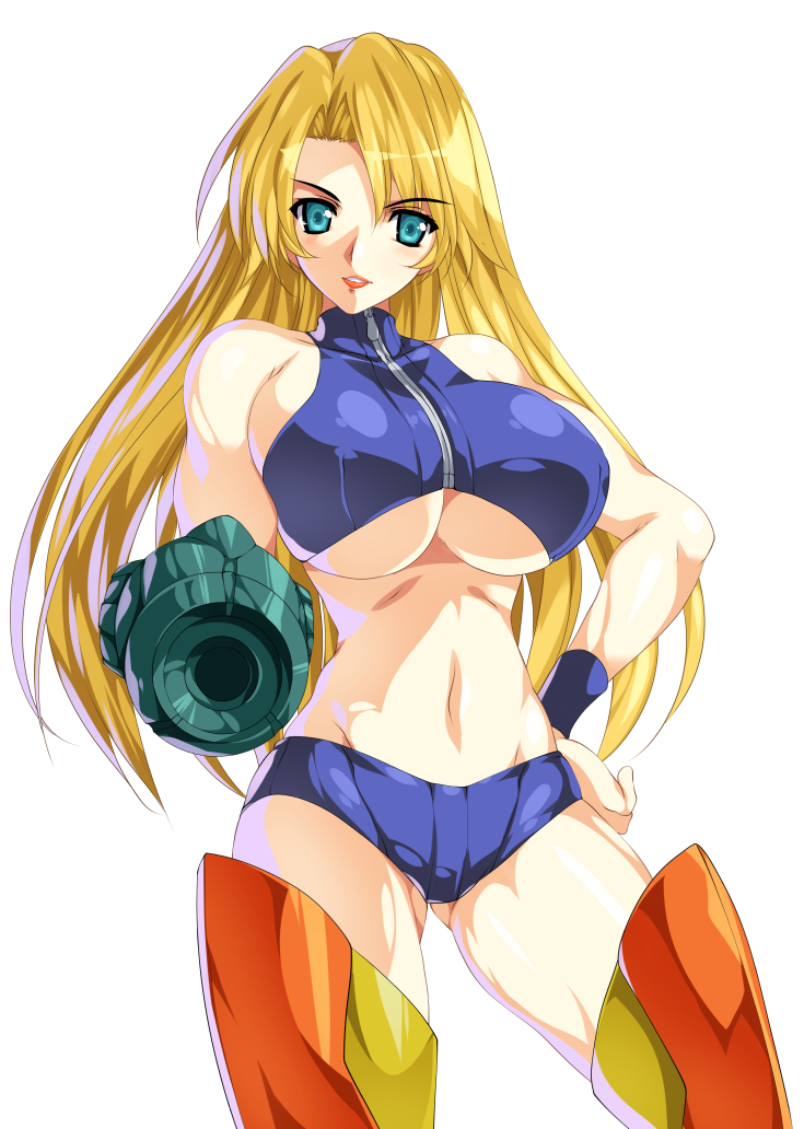 1girl, aiming_at_viewer, arm_cannon, bare_shoulders, blonde_hair, blue_eyes, boots, breasts