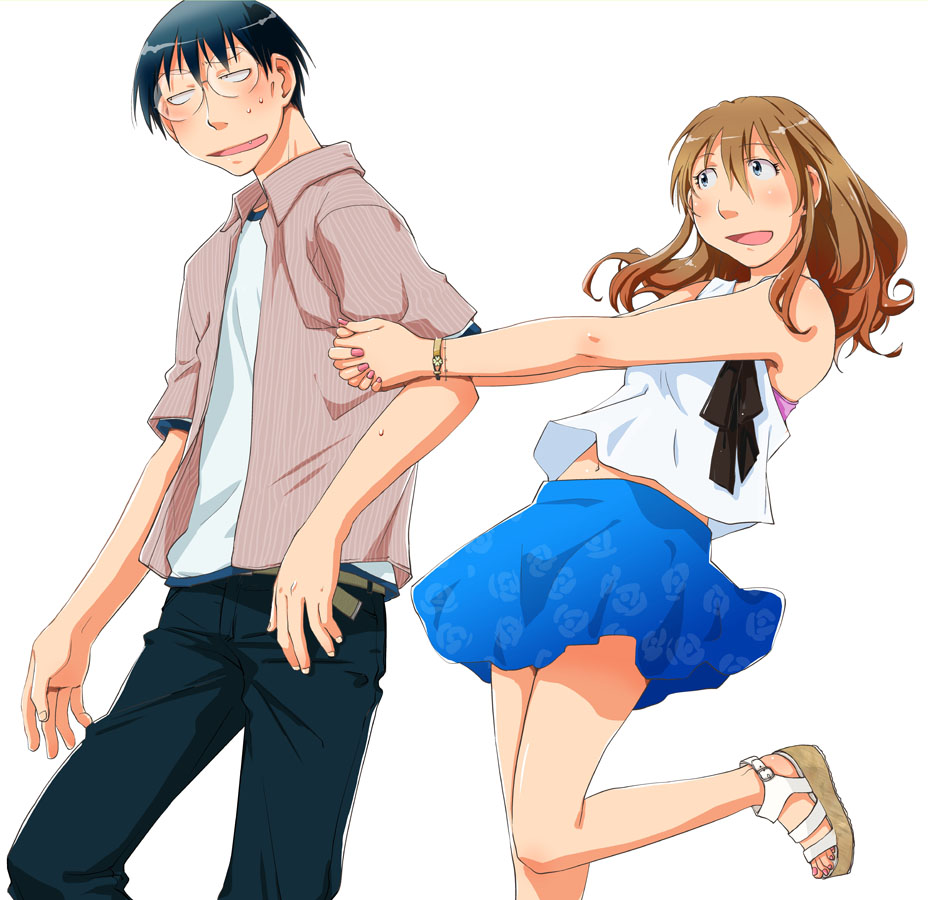 1boy, 1girl, arm_holding, bad_end, black_hair, blue_eyes, blush, brown_hair