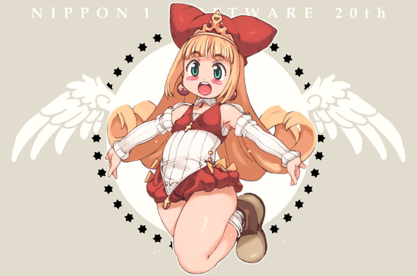 1girl, :o, anniversary, arm_warmers, blonde_hair, blush, detached_collar, flipped_hair