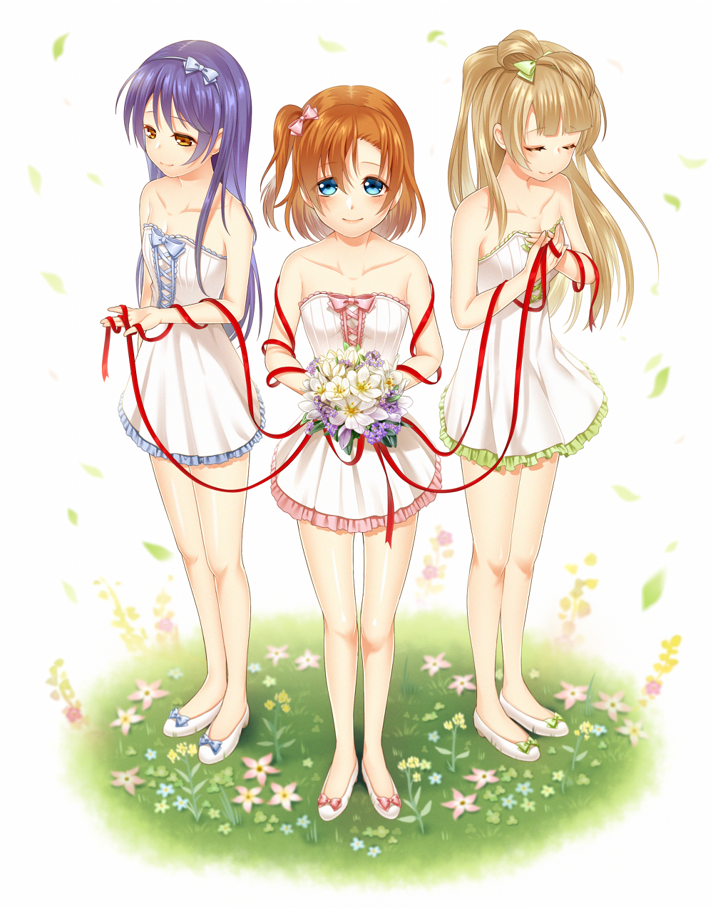 3girls, bare_shoulders, blue_eyes, blue_hair, bouquet, bow, brown_eyes, brown_hair, closed_eyes, collarbone, dress, flats, flower, frilled_dress, frills, grass, hair_bow, hairband, hasumi_shizuko, highres, kousaka_honoka, long_hair, love_live!_school_idol_project, matching_outfit, minami_kotori, multiple_girls, ribbon, short_hair, side_ponytail, sleeveless, smile, sonoda_umi, white_background