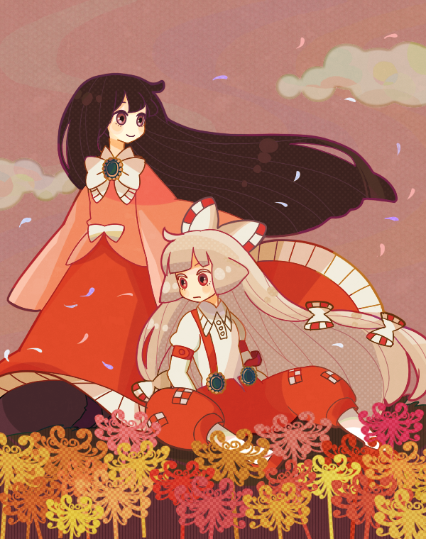black_hair, bow, fire, fujiwara_no_mokou, hair_bow, hair_ribbon, houraisan_kaguya, long_hair