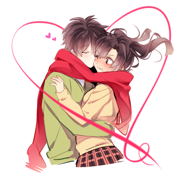 1boy, 1girl, apfl0515, black_hair, blush, cheek_kiss, closed_eyes, couple