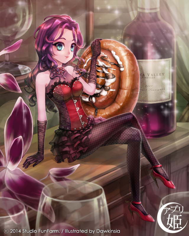 1girl, alcohol, arm_support, bare_shoulders, blue_eyes, bottle, cup, dawkinsia