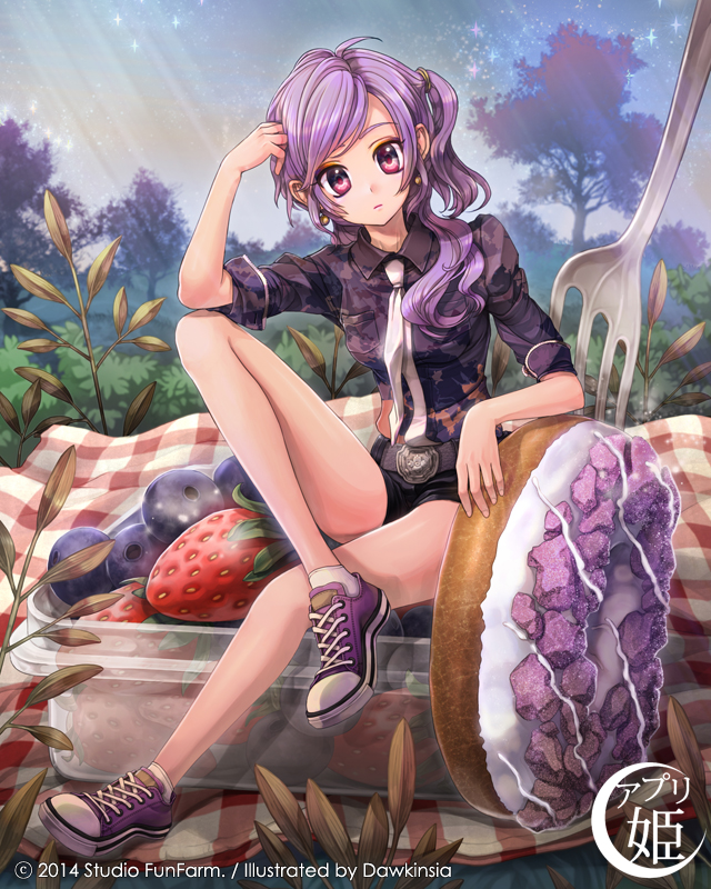 1girl, belt, blueberry, dawkinsia, dessert, doughnut, earrings, food, fork, fruit, jewelry, legs, long_hair, necktie, original, purple_hair, shoes, shorts, side_ponytail, sitting, sky, sneakers, socks, solo, strawberry, tagme, tree, violet_eyes
