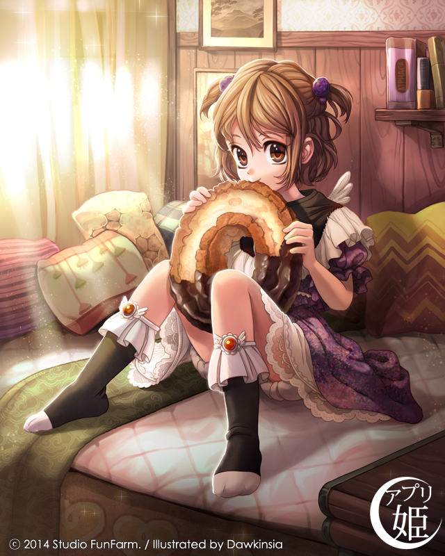 1girl, bed, brown_hair, dawkinsia, dessert, dress, eating, food