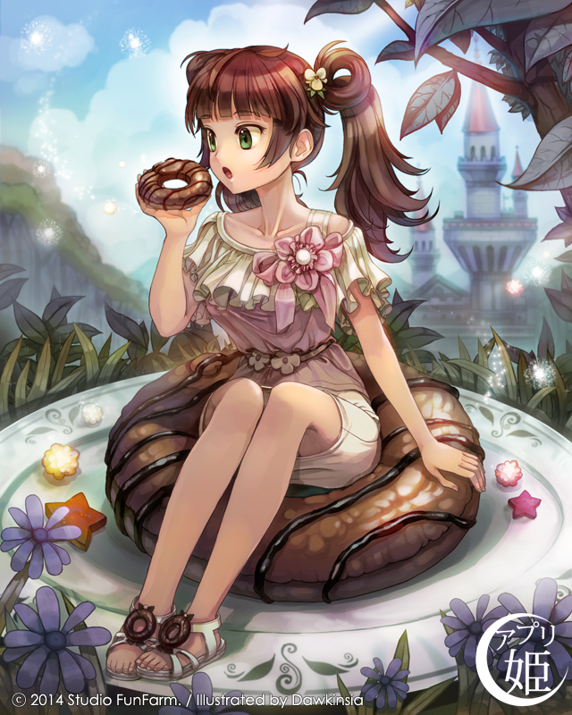 1girl, brown_hair, castle, dawkinsia, dessert, doughnut, eating, flower
