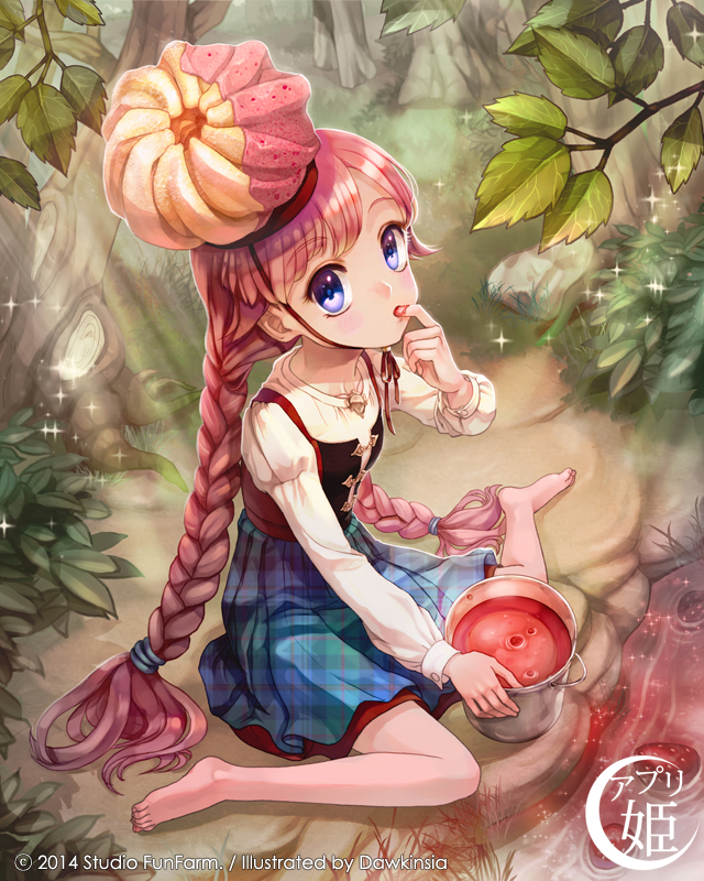 1girl, barefoot, braid, bucket, dawkinsia, dessert, food, food_as_clothes