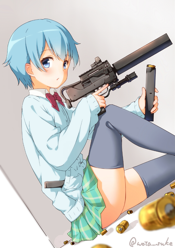 1girl, blue_eyes, blue_hair, bullet, flashlight, goutokuji_kayo, green_skirt, gun