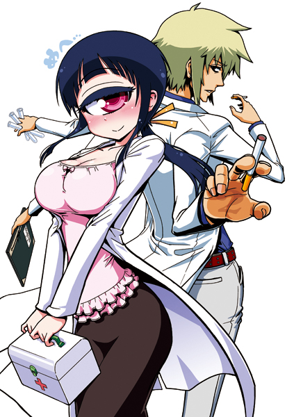 1boy, 1girl, back-to-back, blonde_hair, blue_hair, blush, breasts, cigarette