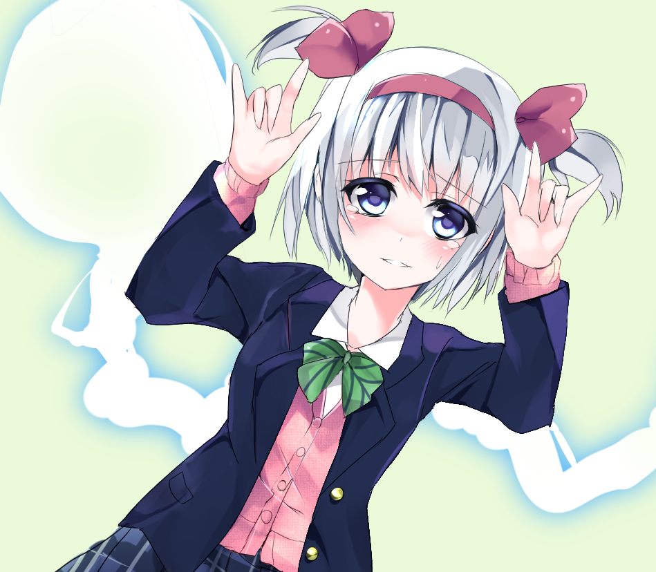 1girl, blazer, blue_eyes, bowtie, cardigan_vest, hair_ribbon, hairband, hitodama