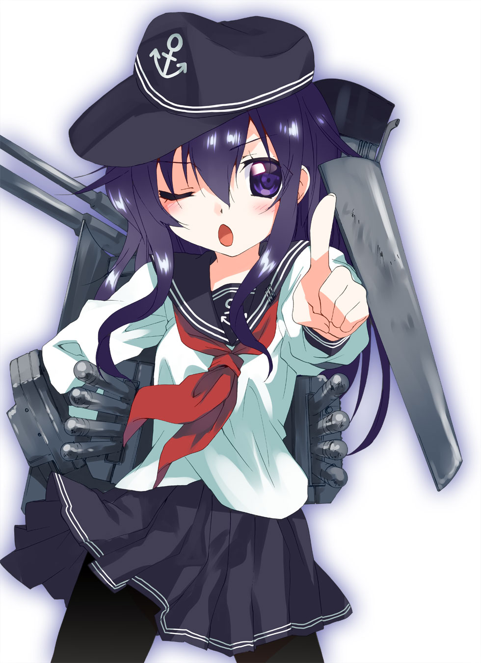 1girl, akatsuki_(kantai_collection), cover, cover_page, doujin_cover, hat, highres, kantai_collection, kishi_yuutokuroi, long_hair, one_eye_closed, pleated_skirt, pointing, pointing_at_viewer, school_uniform, serafuku, skirt, solo, white_background