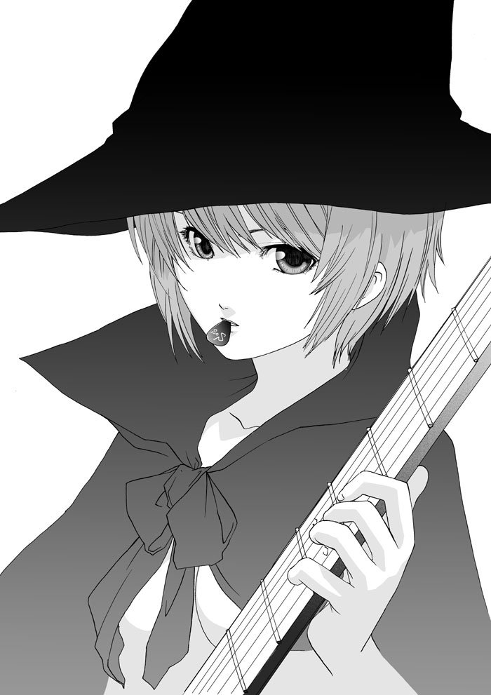 1girl, ak2, bow, cape, greyscale, guitar, hat, instrument