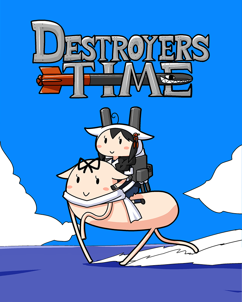 2girls, :>, adventure_time, blue_eyes, braid, clouds, finn, finn_(cosplay), g0ddamn, hair_ornament, jake, jake_(cosplay), kantai_collection, multiple_girls, parody, school_uniform, serafuku, shigure_(kantai_collection), sky, style_parody, the_yuudachi-like_creature, torpedo, waterskiing_(meme), yuudachi_(kantai_collection)