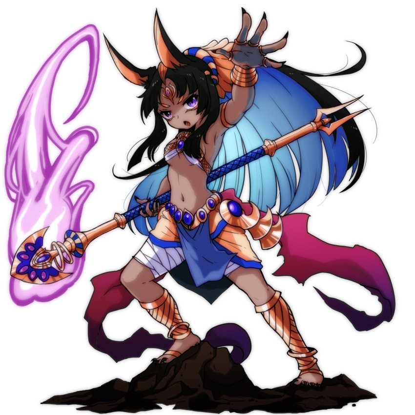 1girl, animal_ears, anubis_(p&amp;d), arm_up, armlet, bandages, bandeau, bare_shoulders, black_nails, blue_hair, bracelet, breasts, dark_skin, dog_ears, egyptian, fang, fingernails, forehead_jewel, genderswap, highres, holding, jackal_ears, jewelry, long_hair, multicolored_hair, open_mouth, outstretched_arm, pikomarie, ponytail, puzzle_&amp;_dragons, ring, rock, sharp_fingernails, sharp_toenails, sideboob, simple_background, solo, staff, under_boob, very_long_hair, violet_eyes, white_background