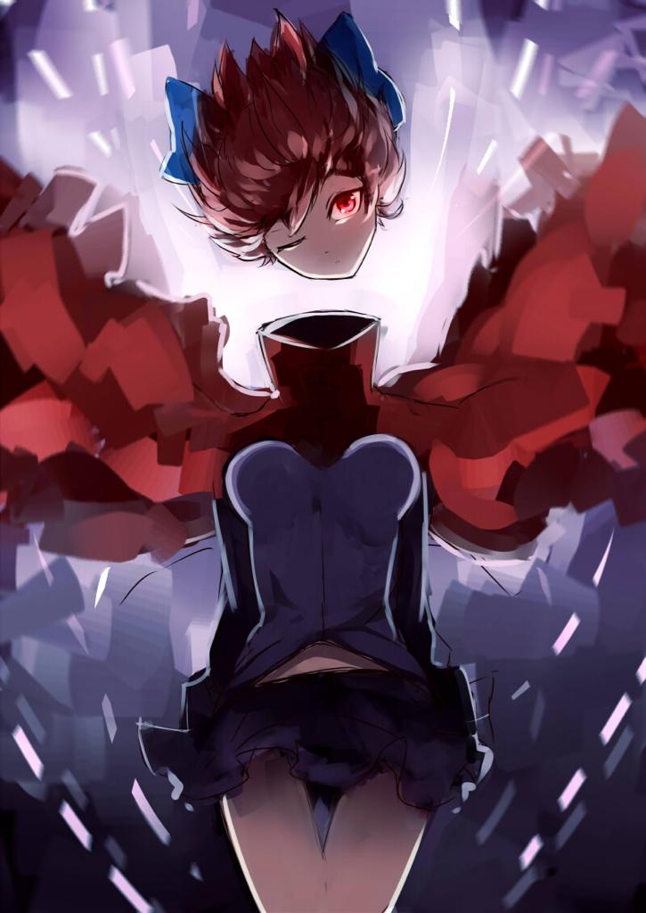 1girl, bow, breasts, cape, check_translation, chiruru96, expressionless, falling