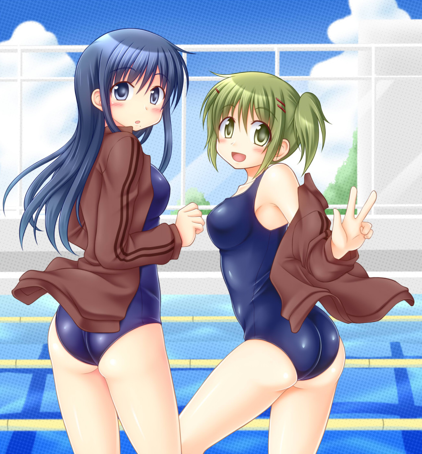 2girls, ass, black_hair, blue_eyes, green_eyes, green_hair, hidamari_sketch, highres