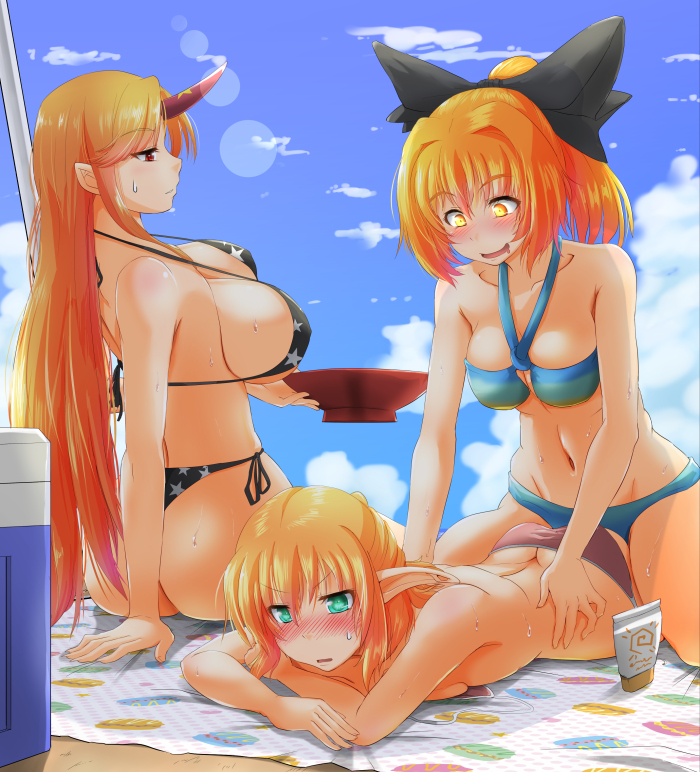 3girls, ass, bikini, black_bikini, blanket, blonde_hair, blue_bikini, blue_sky