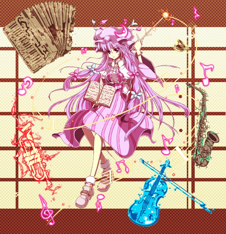 \m/, book, bracelet, hat, holding, instrument, jewelry, long_hair