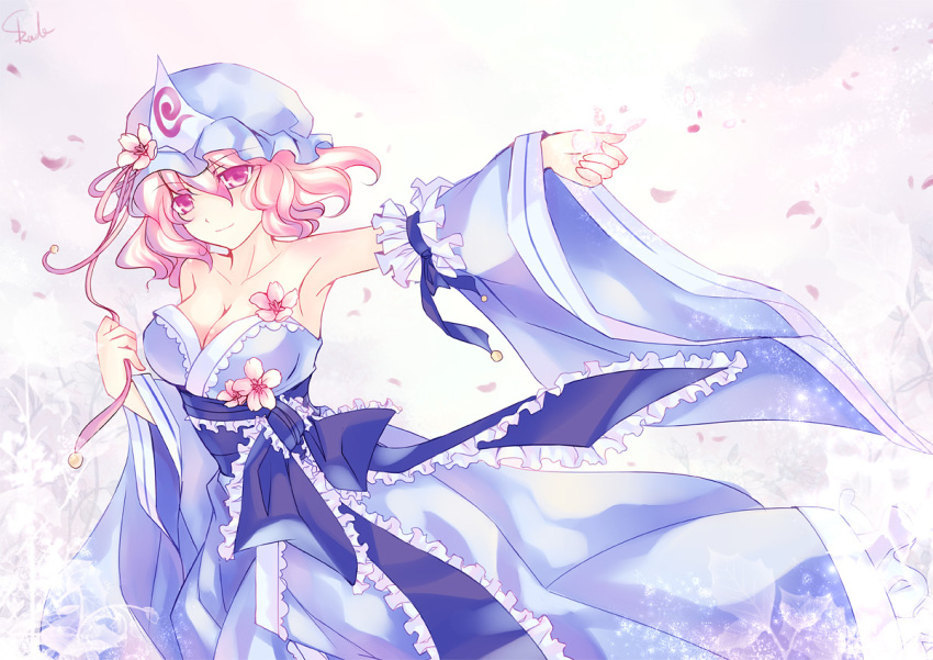 armpits, bad_id, bare_shoulders, breasts, cleavage, detached_sleeves, hat, japanese_clothes