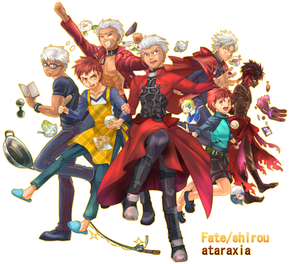 6+boys, apron, archer, avenger, barbell, brown_hair, capsule_servant, carnival_phantasm