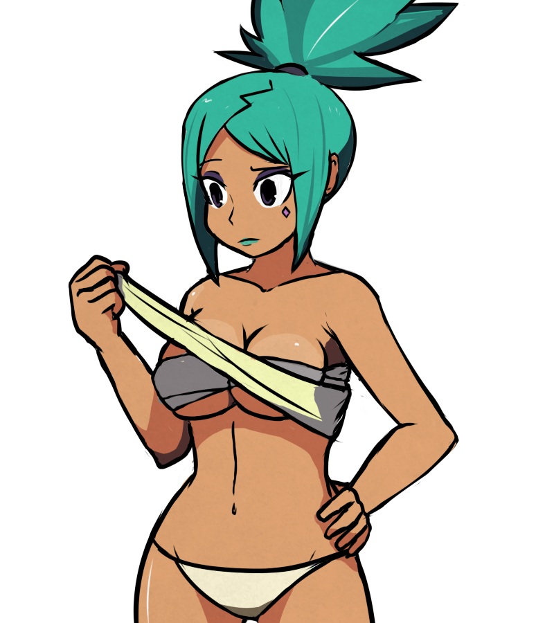 1girl, aqua_hair, blue_(bluevp), breasts, cerebella_(skullgirls), cleavage, dark_skin, eyeshadow, facial_tattoo, green_lipstick, hand_on_hip, high_ponytail, lipstick, makeup, navel, panties, sarashi, short_hair, skullgirls, solo, tattoo, under_boob, underwear, underwear_only