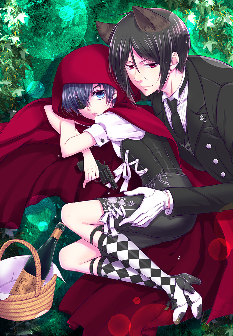 2boys, animal_ears, argyle, argyle_legwear, basket, big_bad_wolf_(cosplay), blue_eyes, blue_hair