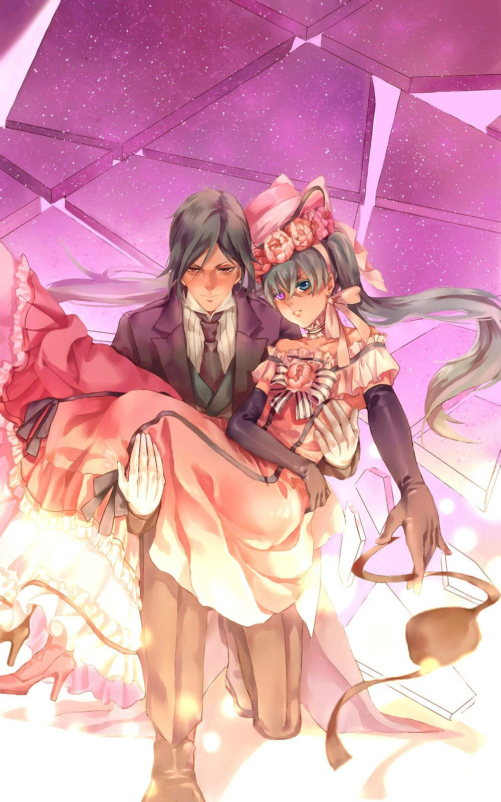 2boys, blue_eyes, carrying, ciel_phantomhive, crossdressinging, dama_(sindygao), dress, eyepatch, eyepatch_removed, gloves, hat, highres, kuroshitsuji, male, multiple_boys, red_eyes, sebastian_michaelis, trap