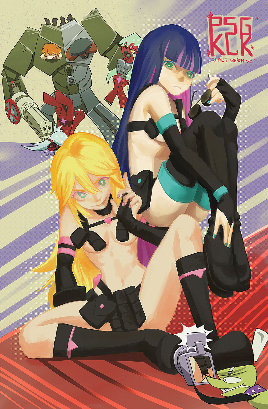 armpit_holster, blonde_hair, blue_eyes, boots, breasts, bridal_gauntlets, brief_(psg), camera, chuck_(psg), creator_connection, demon_girl, elbow_gloves, garterbelt_(psg), gloves, highres, holster, kill_la_kill, kneesocks_(psg), mecha, multicolored_hair, nail_polish, nudist_beach_uniform, panty_&amp;_stocking_with_garterbelt, panty_(psg), pink_hair, purple_hair, red_skin, scanty_(psg), small_breasts, stocking_(psg), sunglasses_removed, thigh-highs, thigh_boots, trunchbull, under_boob