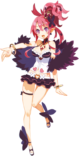 1girl, :d, bracelet, breasts, cleavage, crown, disgaea, feather_boa