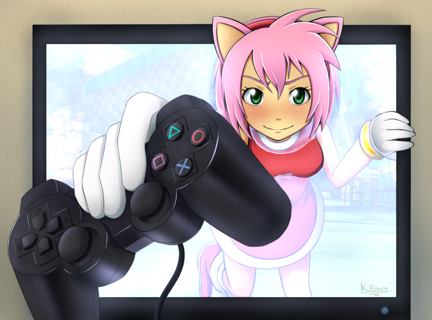 1girl, amy_rose, animal_ears, blush, controller, dress, dualshock, game_controller, gloves, green_eyes, hairband, humanization, personification, pink_hair, playstation, risu_kurosaki, short_hair, smile, solo, sonic_(series)