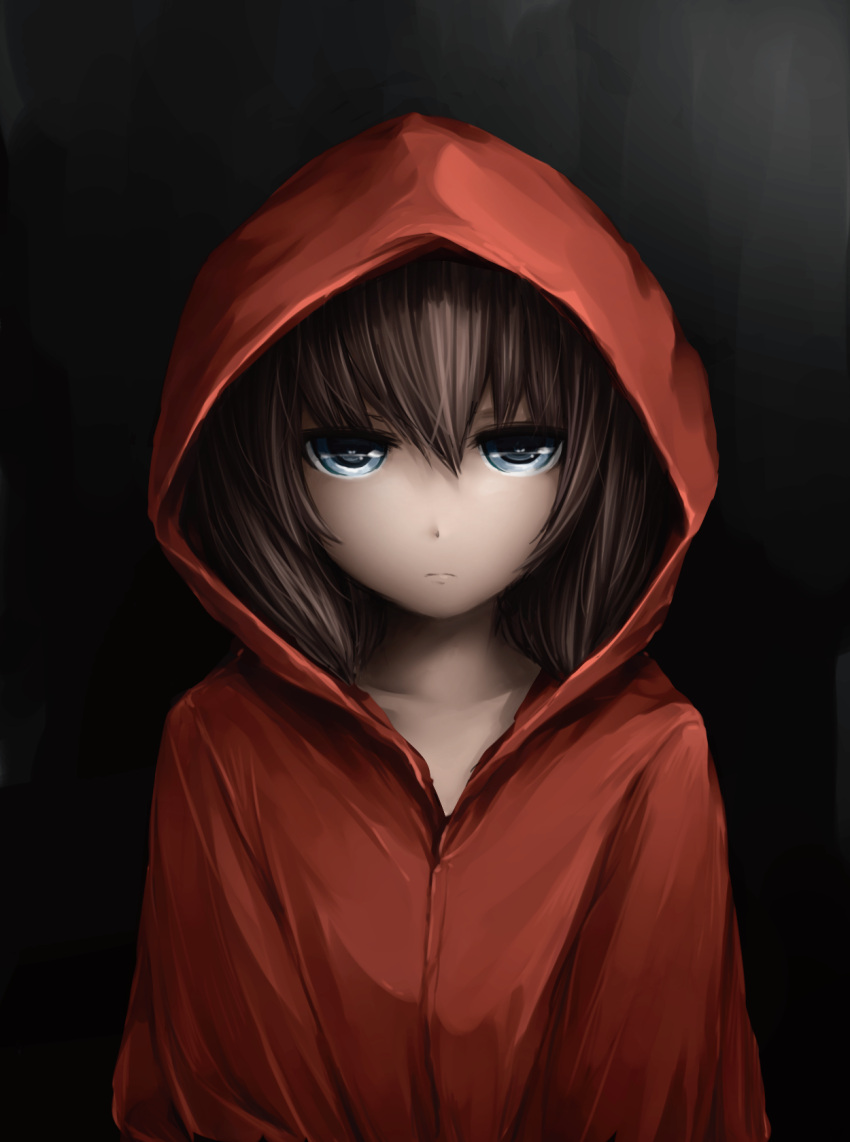 1girl, black_background, blue_eyes, brown_hair, bust, highres, hoodie, jitome