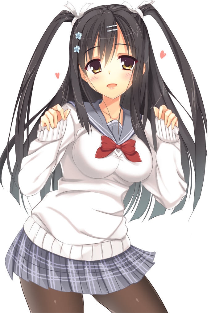1girl, aria., black_hair, black_legwear, blush, bow, breasts, brown_eyes