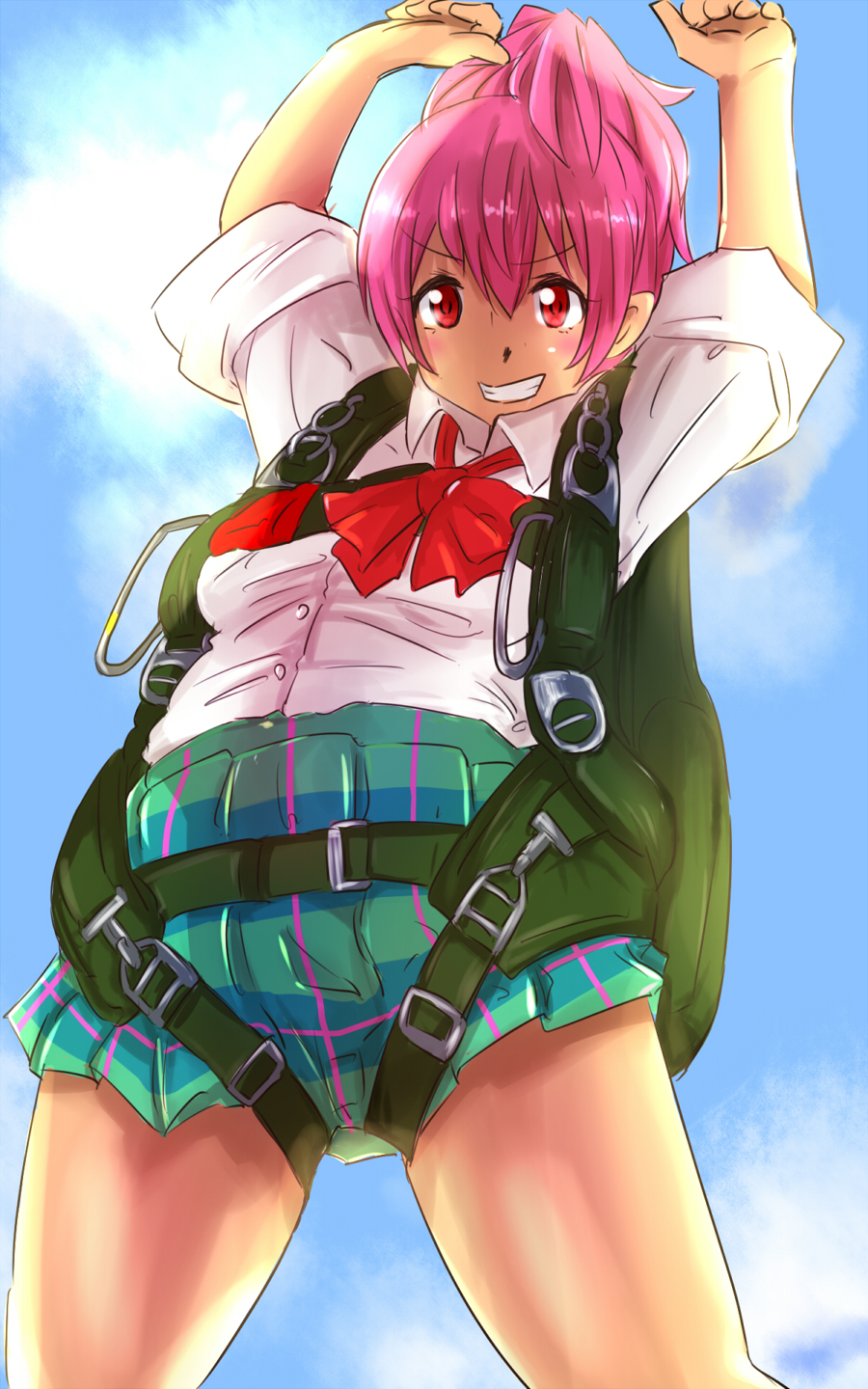 1girl, arms_up, grin, highres, hyakute_gyojin, parachute, pink_hair, ponytail