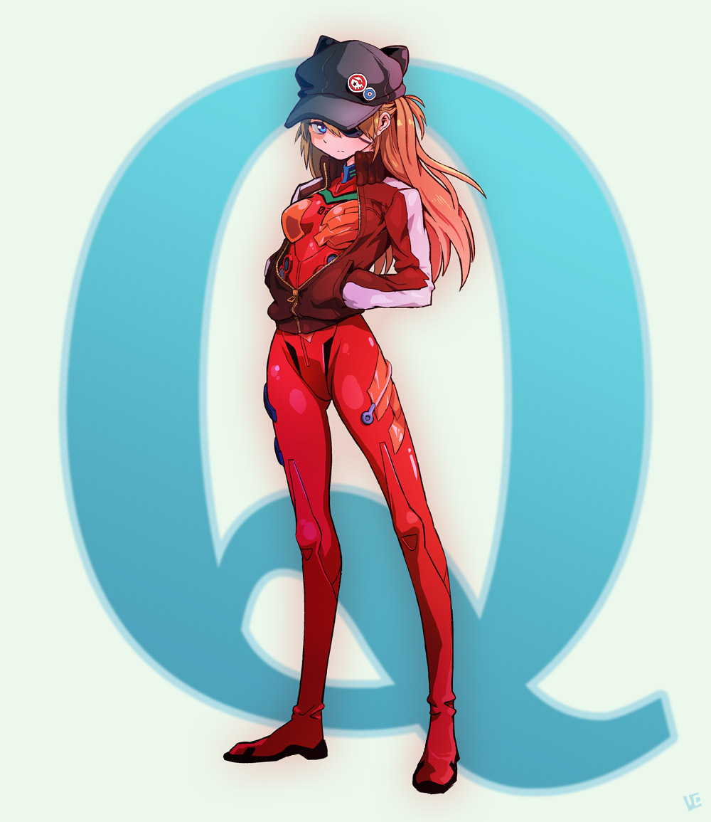 1girl, animal_hat, blue_eyes, cat_hat, evangelion:_3.0_you_can_(not)_redo, eyepatch, hands_in_pockets, hat, ichabod, long_hair, looking_at_viewer, neon_genesis_evangelion, orange_hair, plugsuit, rebuild_of_evangelion, shikinami_asuka_langley, solo, souryuu_asuka_langley, standing, track_jacket, zipper