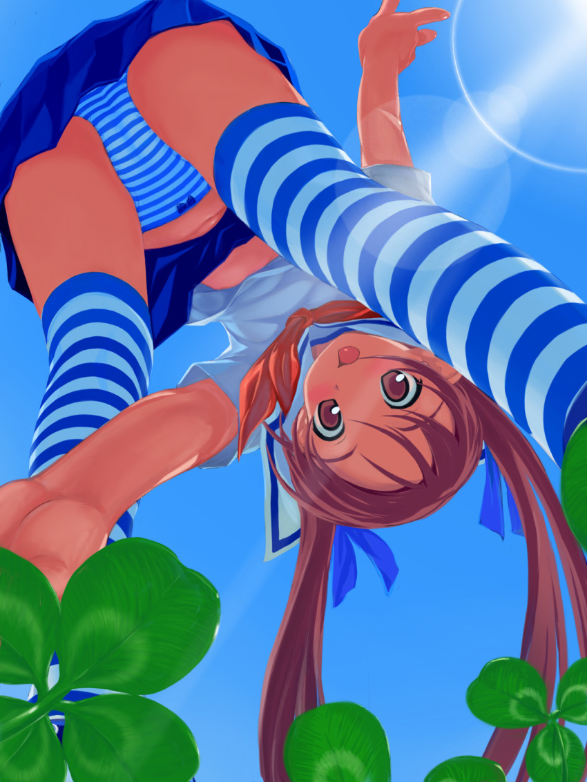 brown_eyes, brown_hair, clover, highres, legs, long_hair, open_mouth, original