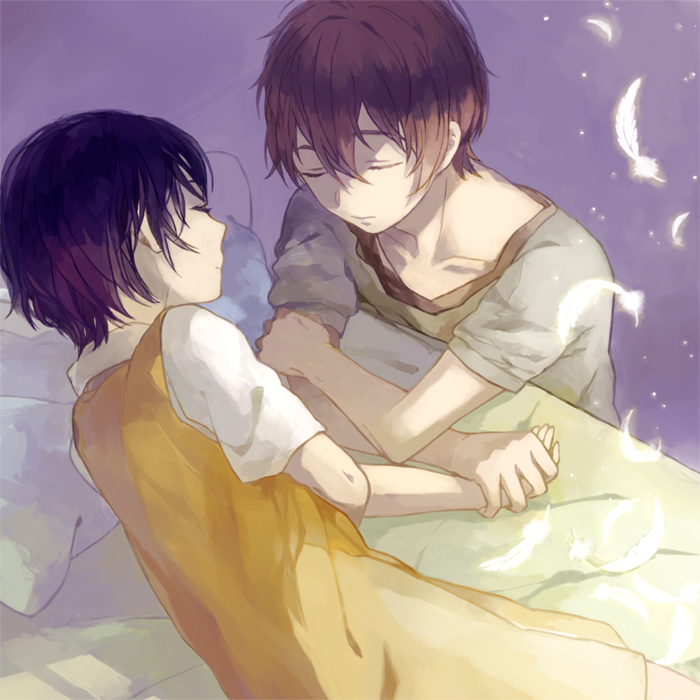1boy, 1girl, bed, black_hair, brown_hair, closed_eyes, feathers, holding_hands