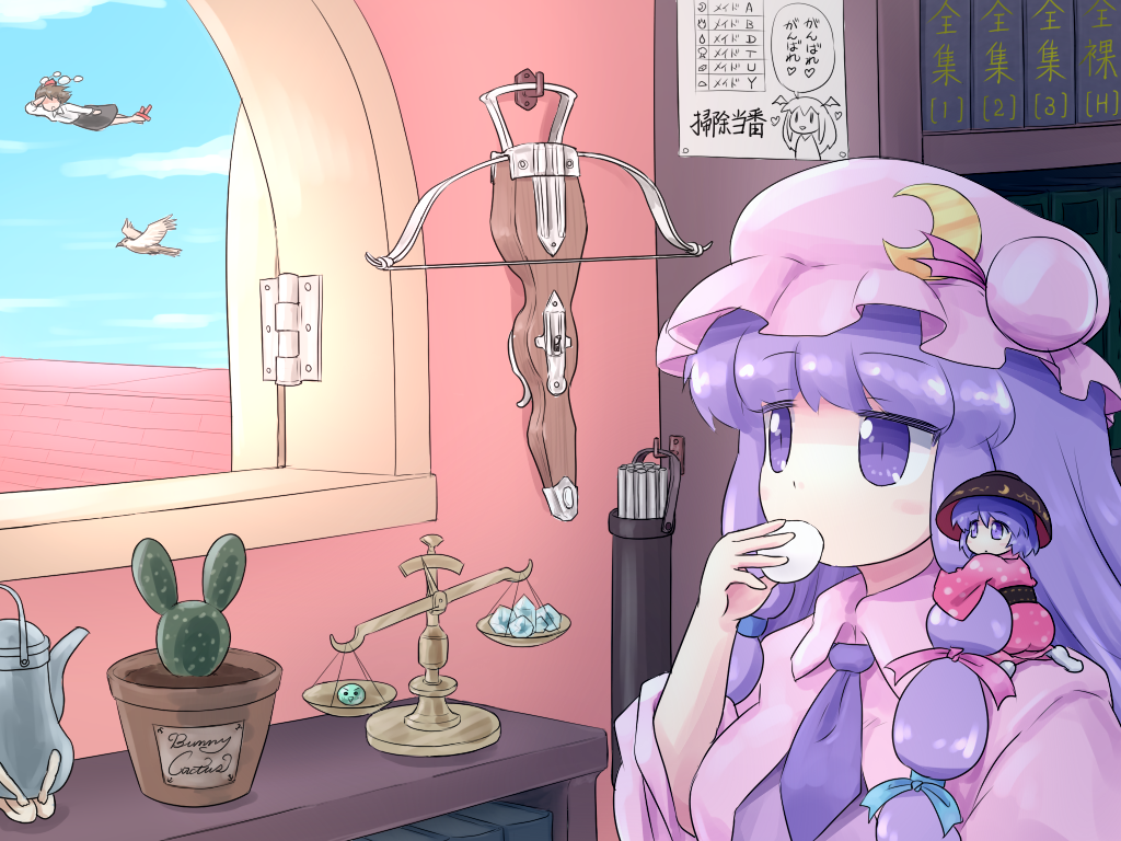 3girls, bird, blue_sky, bookshelf, bow_(weapon), bowl, cactus, clouds