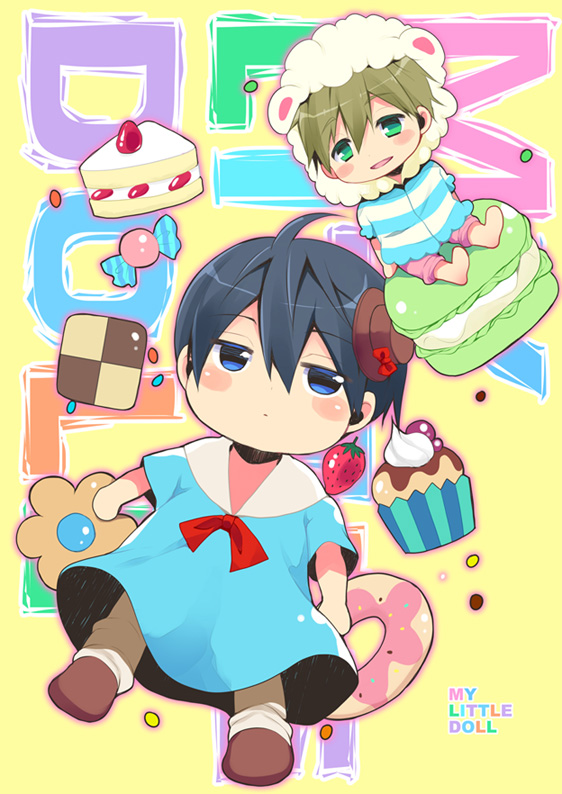 2boys, ahoge, animal_hood, black_hair, blue_eyes, blush_stickers, brown_hair, cake, candy, checkerboard_cookie, chibi, child, cookie, cover, cover_page, cupcake, doujin_cover, english, food, free!, green_eyes, hood, kindergarten_uniform, ku--ma, macaron, male, multiple_boys, nanase_haruka_(free!), open_mouth, short_hair, smile, tachibana_makoto, younger