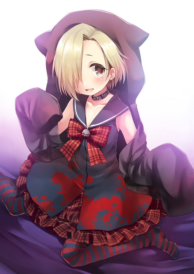 1girl, animal_hood, blonde_hair, blood, blood_splatter, bloody_clothes, colored_stripes, fummy
