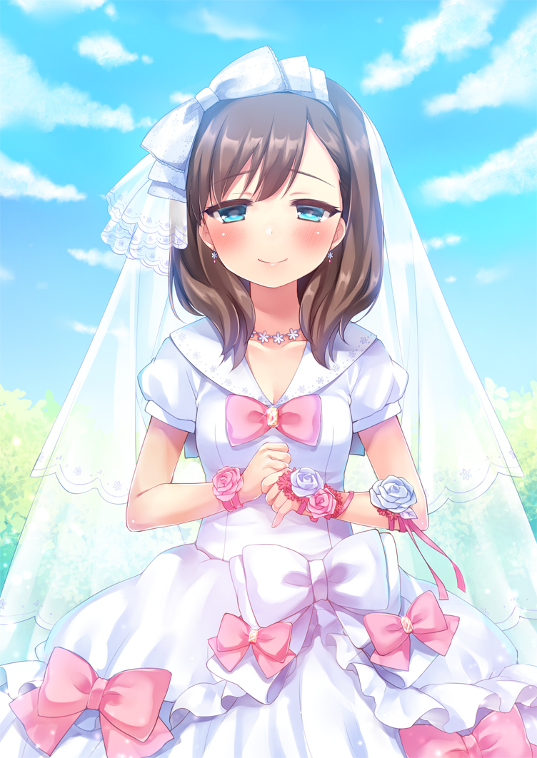 1girl, blue_eyes, blush, bow, bridal_veil, bride, brown_hair, dress