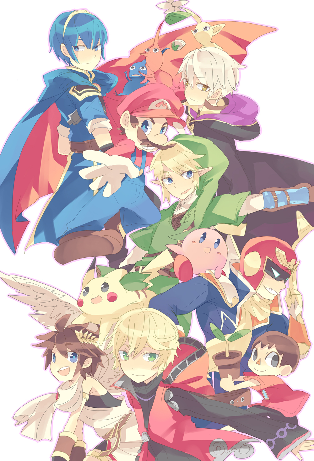 6+boys, blonde_hair, blue_eyes, blue_hair, brown_hair, cape, captain_falcon, doubutsu_no_mori