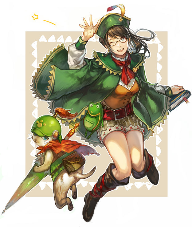 1girl, ;d, blue_eyes, brown_hair, coat, felyne, glasses, guildmarm_(monster_hunter), hat, long_hair, looking_at_viewer, monster_hunter, monster_hunter_4, one_eye_closed, open_mouth, smile, star, waving, weapon, yunomachi