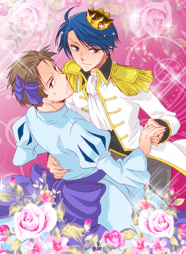 1boy, 1girl, androgynous, blue_hair, bow, brown_eyes, brown_hair, crossdressinging