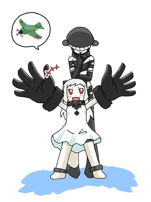 2girls, :d, black_gloves, dress, elbow_gloves, gloves, headgear, height_difference