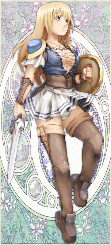 breasts, broken_thumbnail, caryo, cleavage, long_hair, panties, shield, shoulder_pads