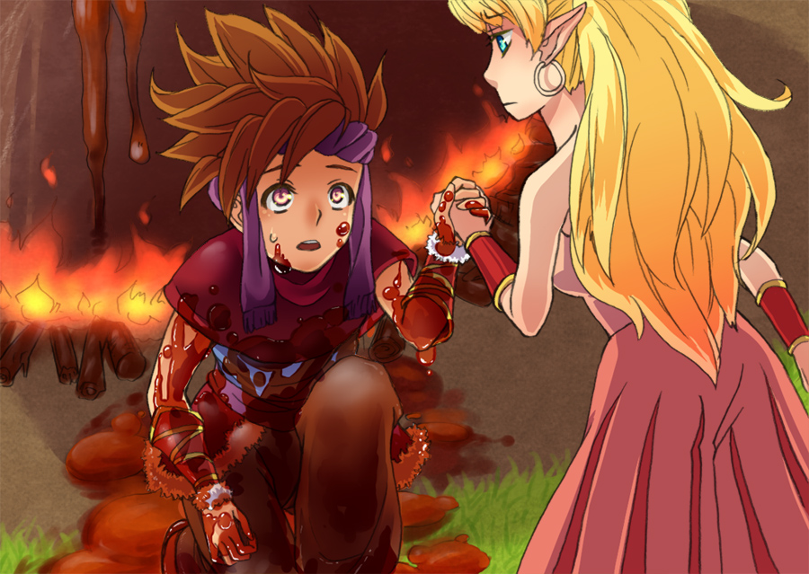 1boy, 1girl, blonde_hair, brown_hair, capelet, earrings, himono58, holding_hands, hoop_earrings, jewelry, long_hair, pointy_ears, ponytail, purim, randi, seiken_densetsu, seiken_densetsu_2, vambraces, violet_eyes