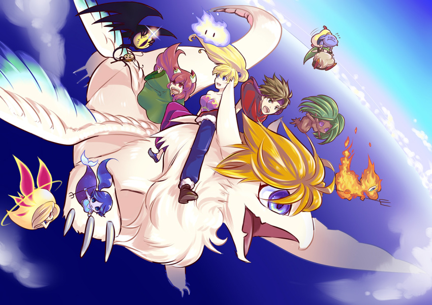 1girl, 2boys, androgynous, blonde_hair, blue_sky, brown_hair, dragon, dryad_(seiken_densetsu)