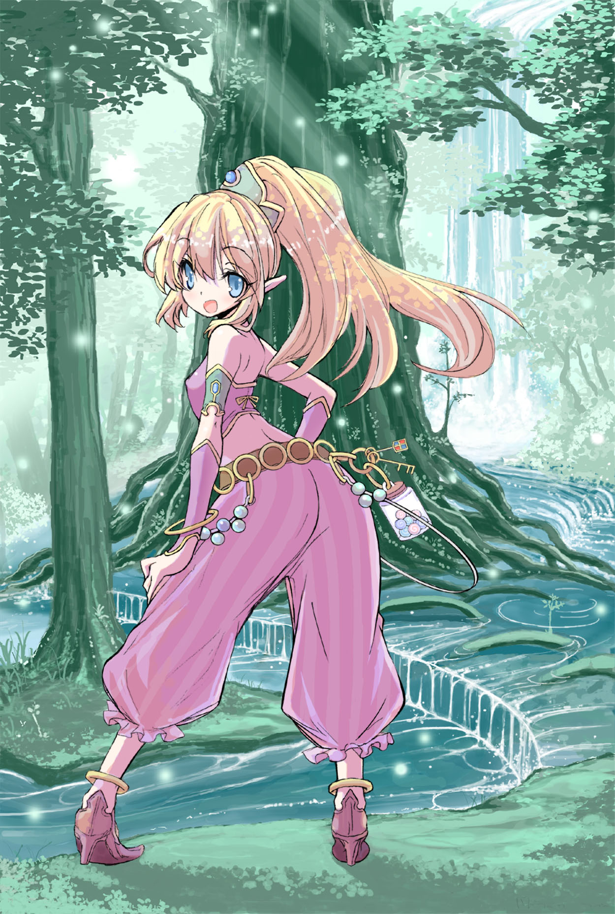 1girl, anklet, armlet, back, bangle, bare_shoulders, belt, blonde_hair